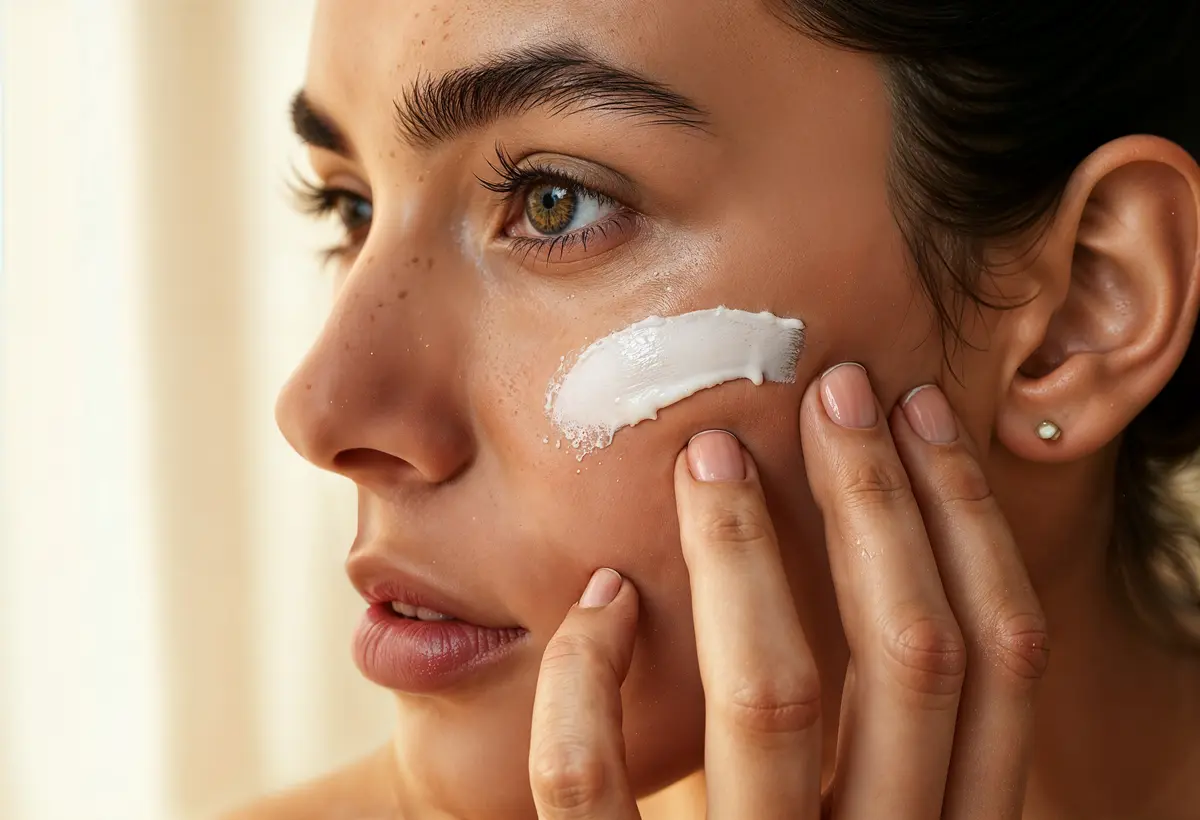 Mujer aplicándose crema facial